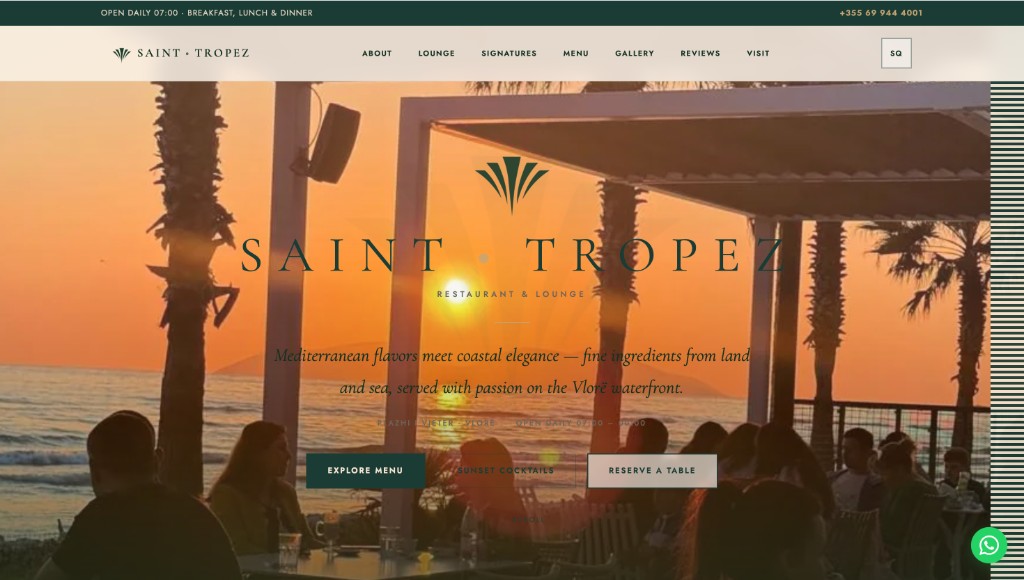Faqe interneti për Saint Tropez Restaurant & Lounge — restorant në Vlorë